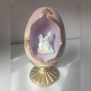 Pink Easter Glittered Bunny Rabbit Diorama Egg Gold Pedestal 9” Resin Decor NEW!